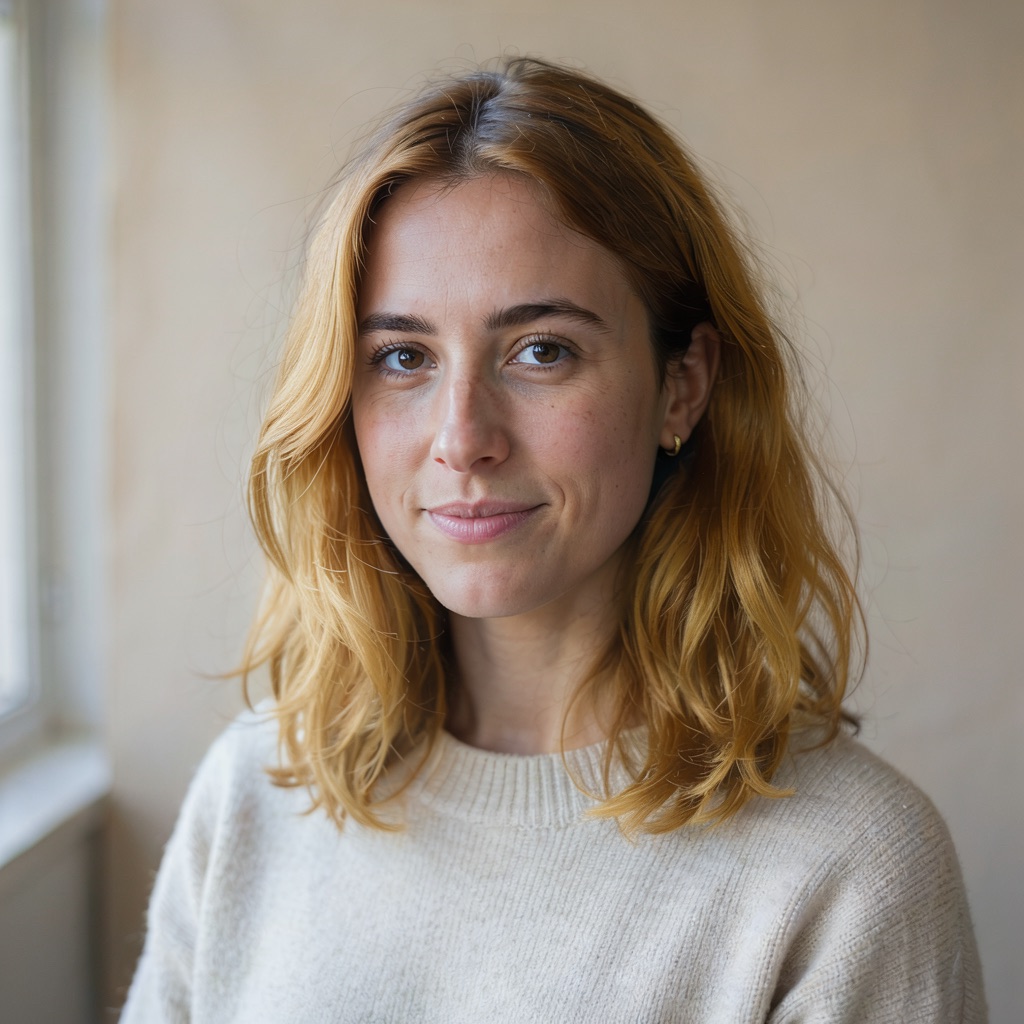 The same woman with honey blonde hair, face and background unchanged