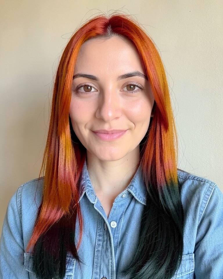 Woman whose long hair goes from blood-orange at the roots to black at the ends, face and clothes unchanged