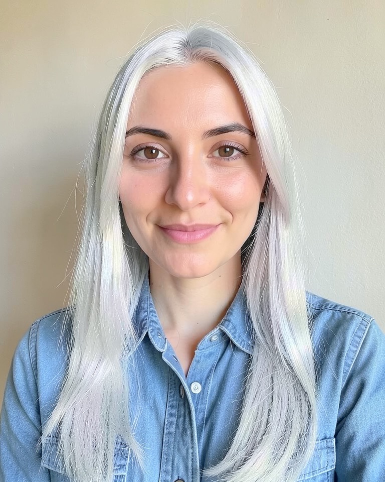 Woman with long straight hair recoloured pale ghostly white-silver, her face, brown eyes and denim shirt unchanged