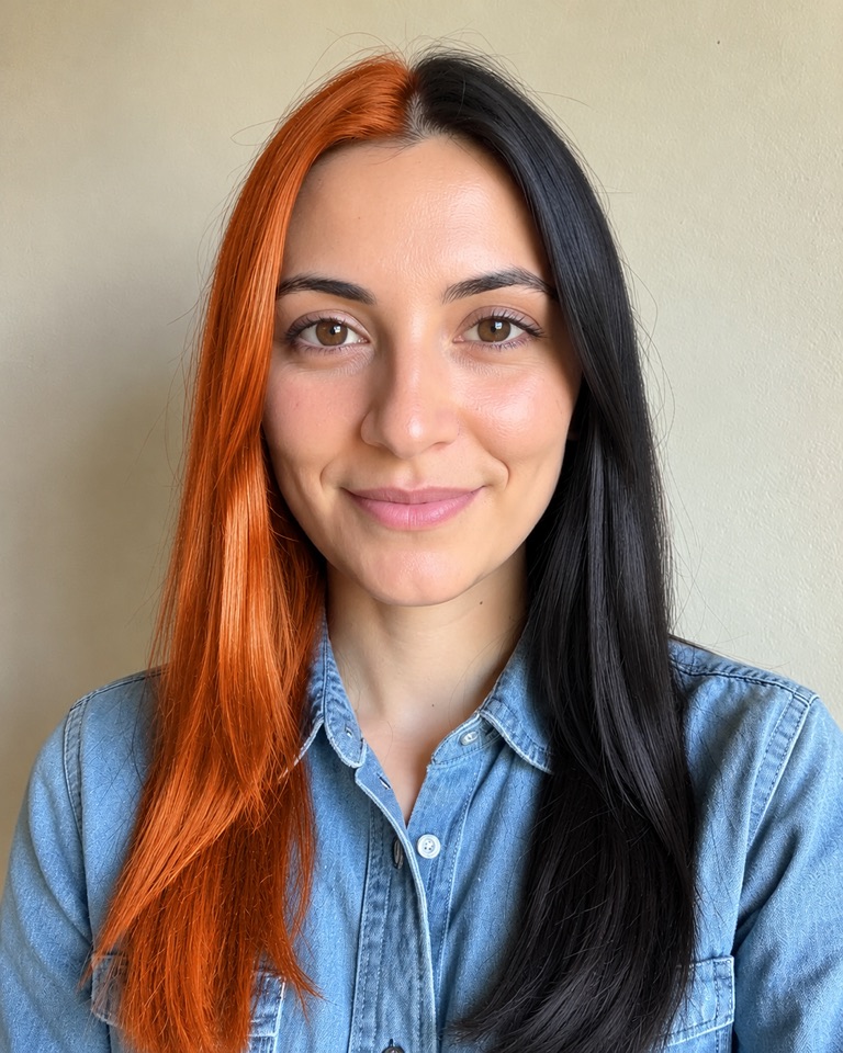 Woman with long hair split dyed pumpkin orange on one side of the parting and black on the other