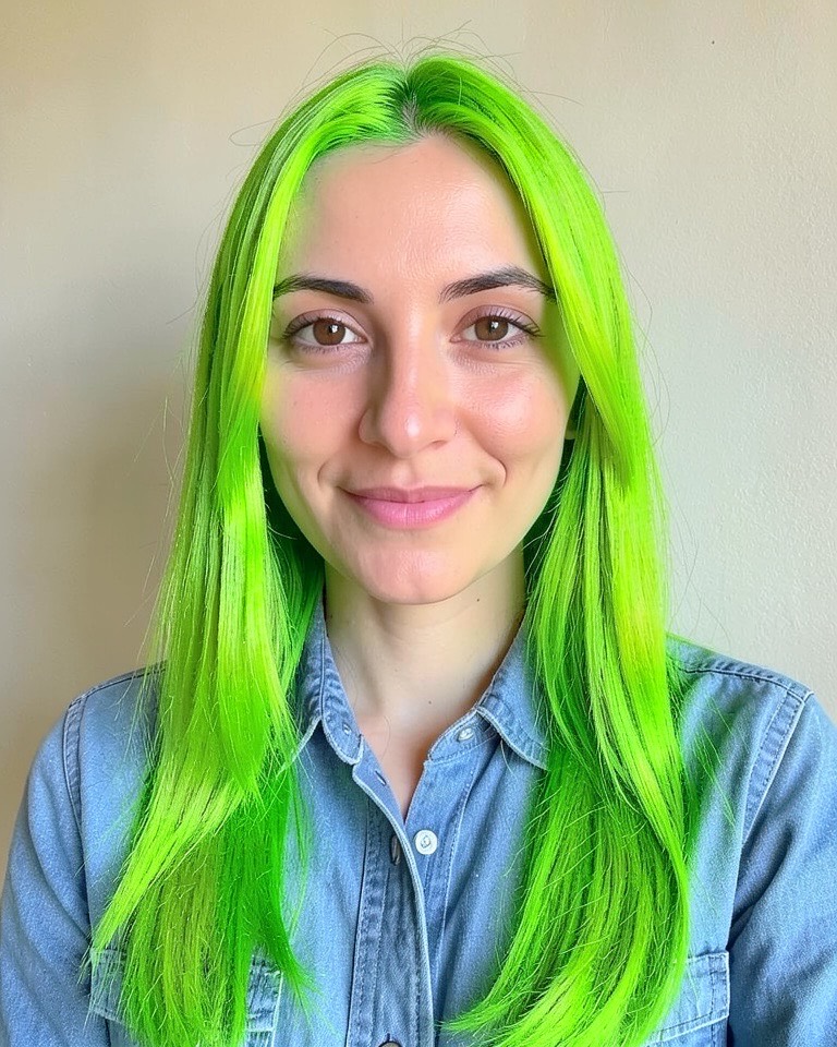 Woman with long straight hair recoloured bright acid slime green, same face, denim shirt and beige wall
