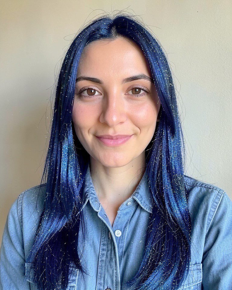 Woman with long straight hair recoloured deep midnight blue with fine silver-blue shimmer, face and outfit unchanged