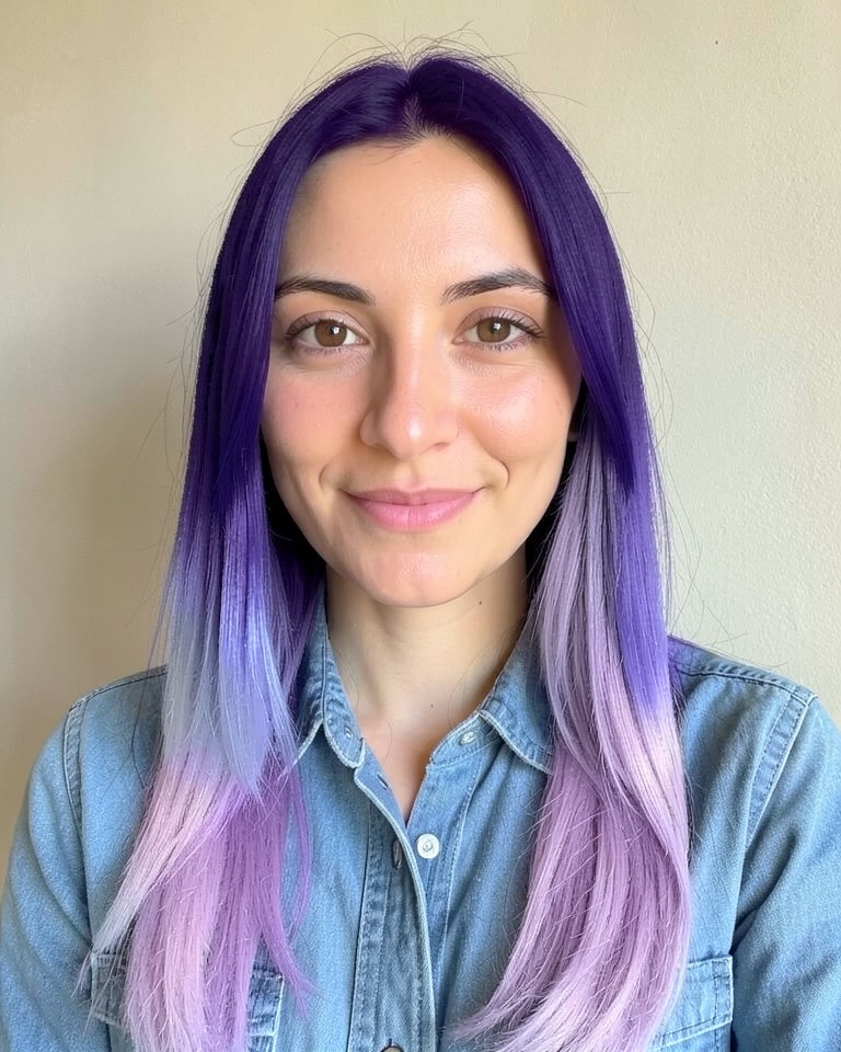 Woman with long straight hair recoloured deep violet fading to lilac ends, face and denim shirt unchanged